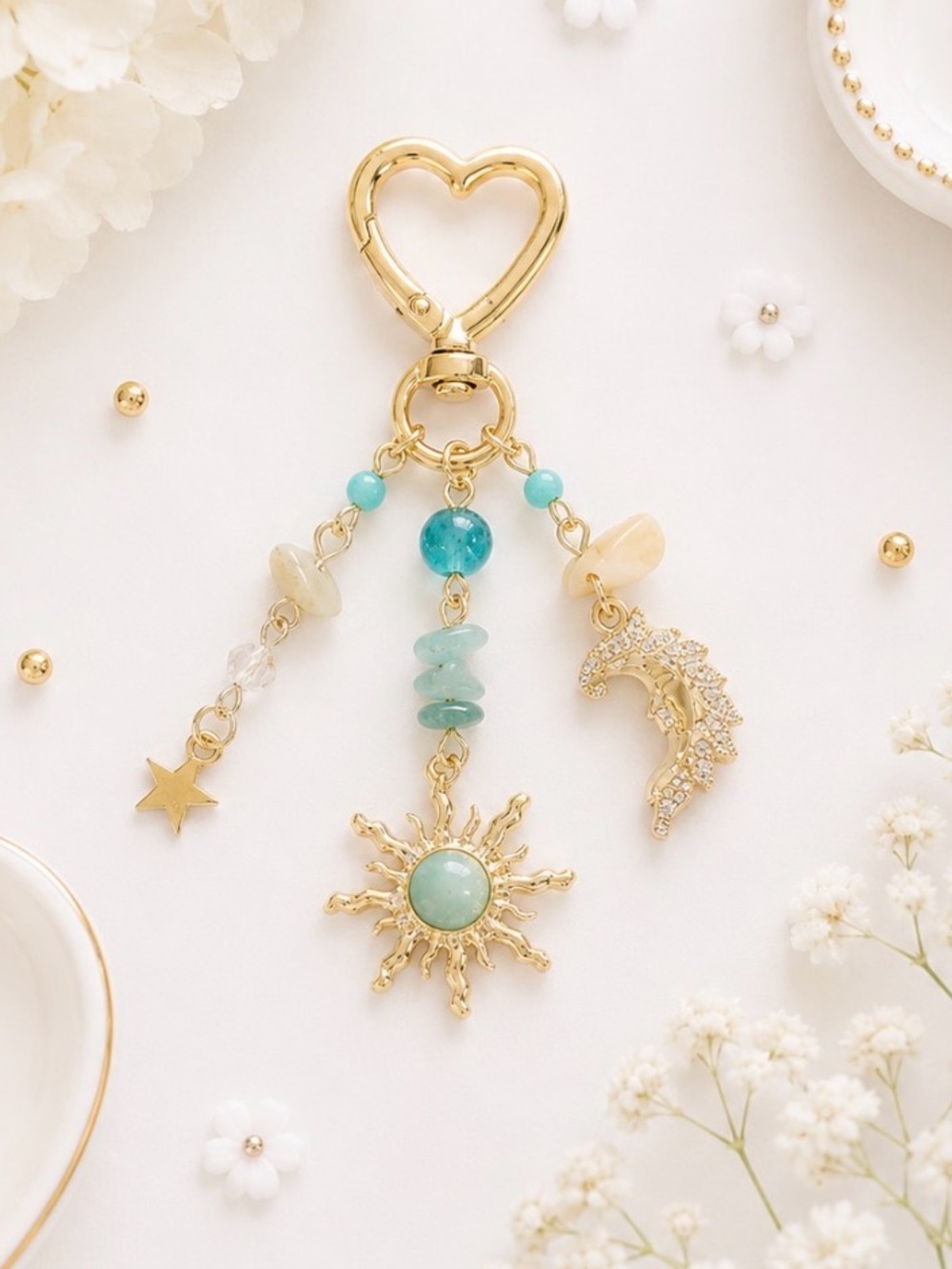 Bag Charm/Keyring-Sun & Moon Charms-Turquoise Beads Accents-Gold Hardware